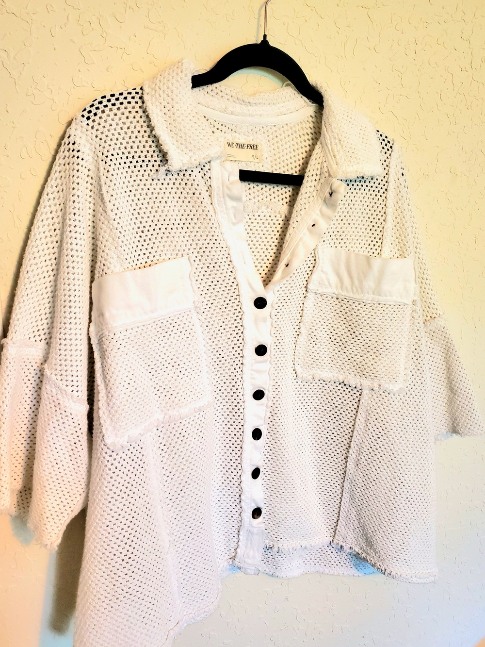 Free People M/L White Open-Knit Button Front Shirt Jacket with Black Buttons